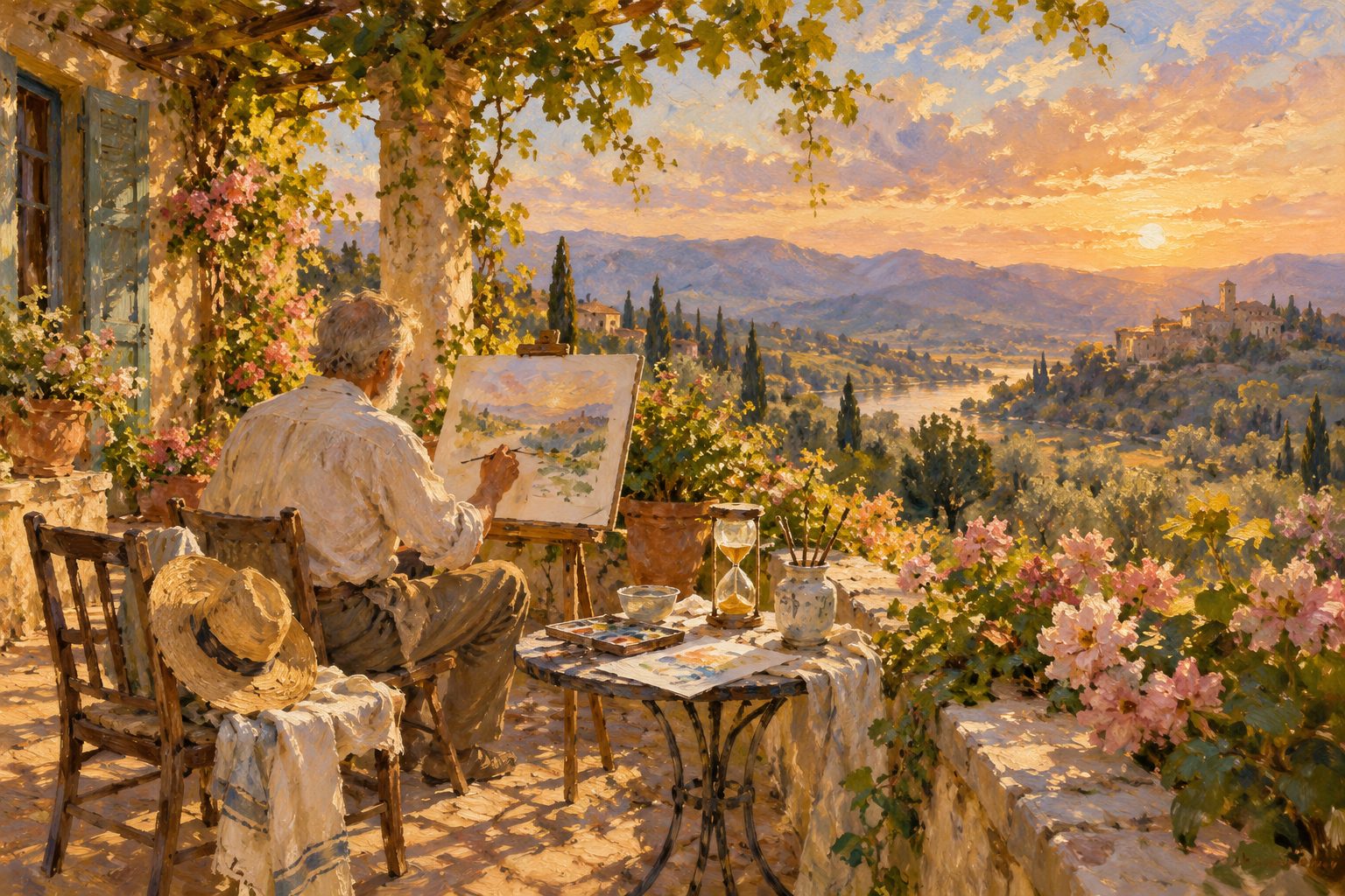 Pintura impresionista de un hombre mayor pintando acuarelas en su jardin, ilustracion del sindrome post jubilacion