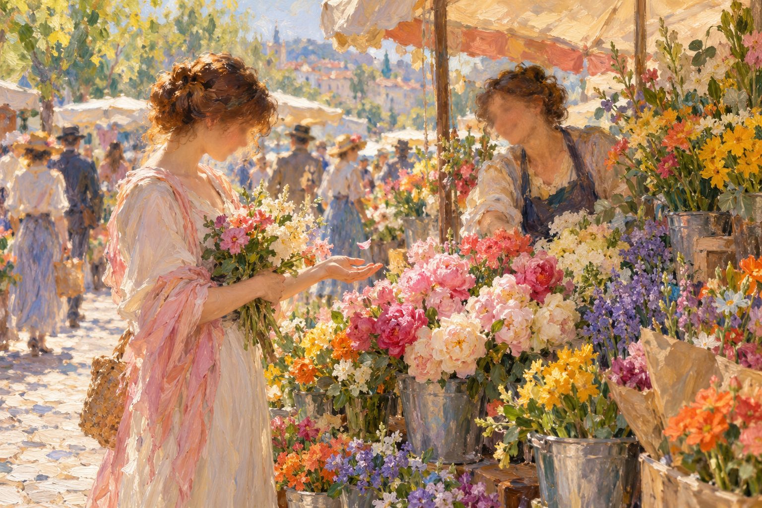 Pintura impresionista de una mujer eligiendo flores en un mercado con una florista amable, ilustración de la soledad crónica