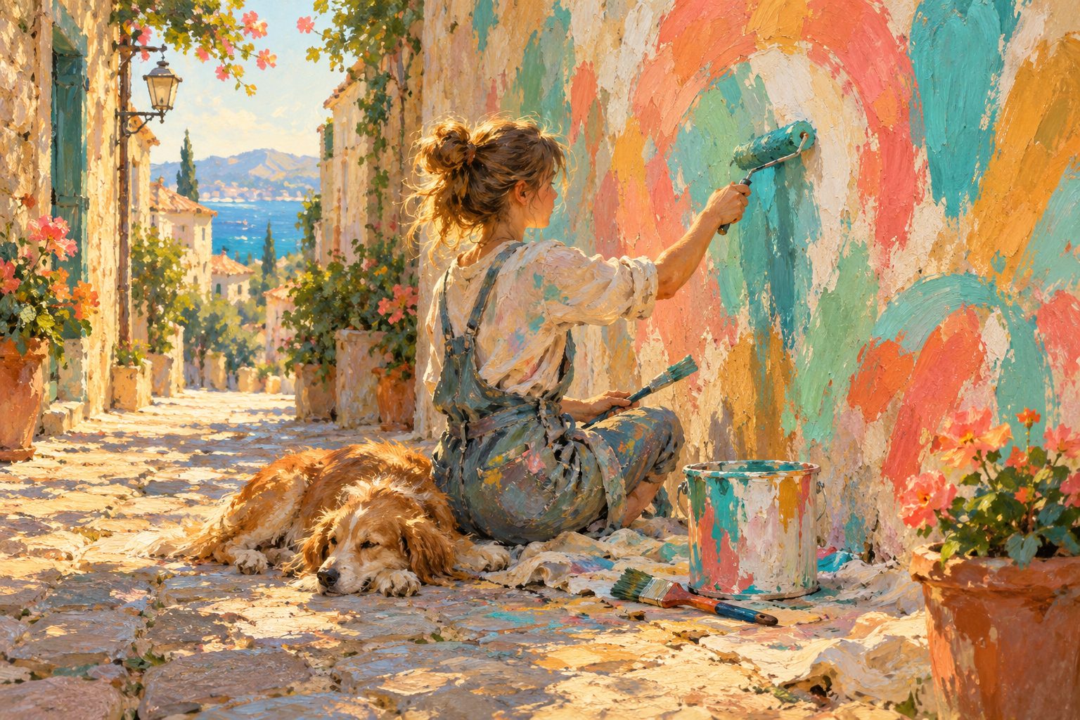 Pintura impresionista de una adolescente pintando un mural con un perro, ilustración de la soledad en adolescentes