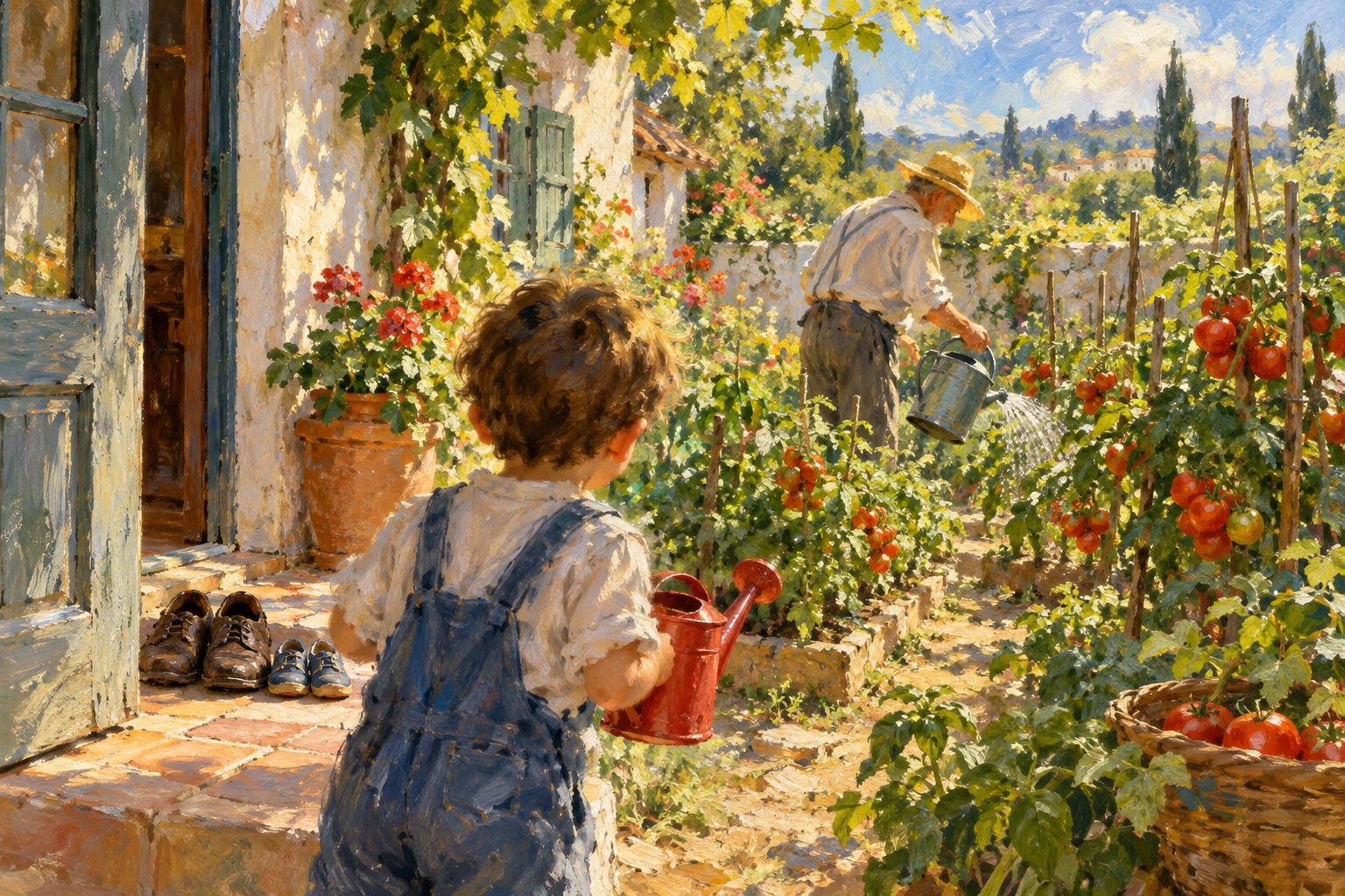 Pintura impresionista de un hombre mayor regando tomates con un niño, ilustración de la soledad no deseada en personas mayores