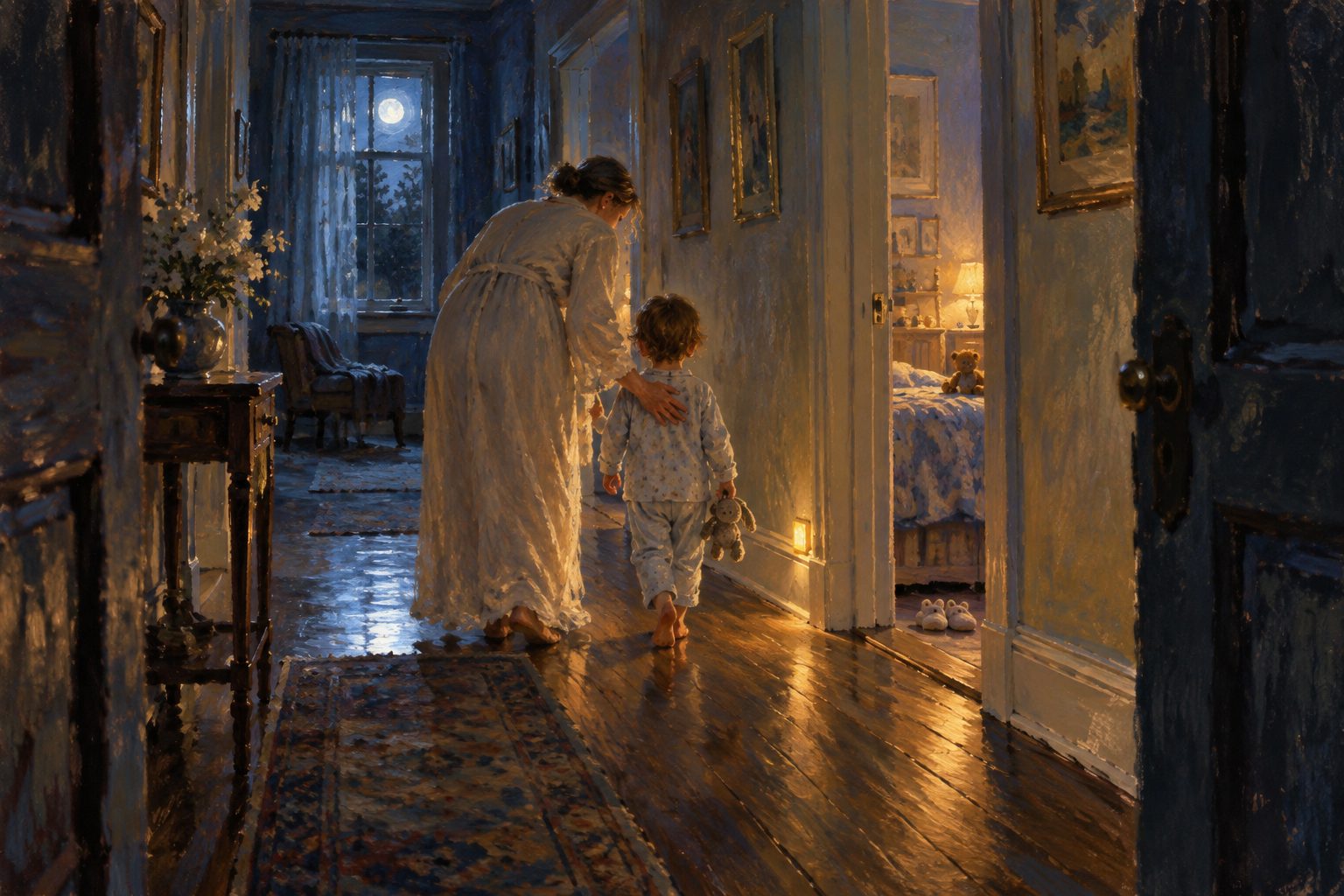 Pintura impresionista de un adulto acompañando a un niño por un pasillo de noche, ilustración de sonambulismo y terrores nocturnos en niños