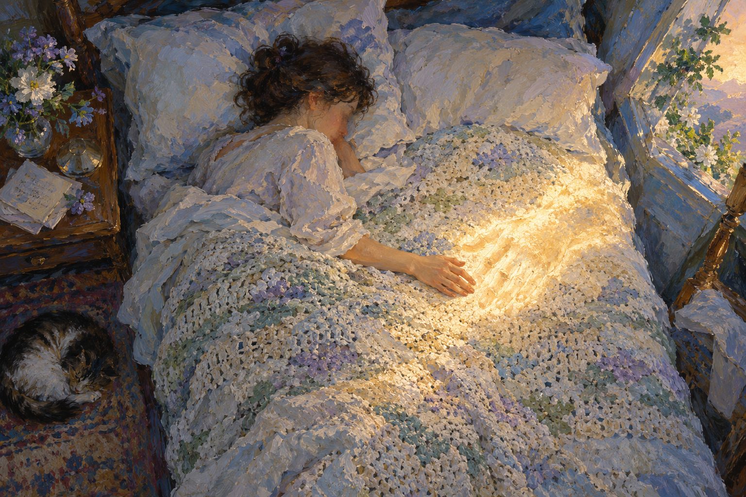Pintura impresionista de una persona durmiendo con una luz dorada junto a su mano, ilustracion de sonar con un familiar fallecido