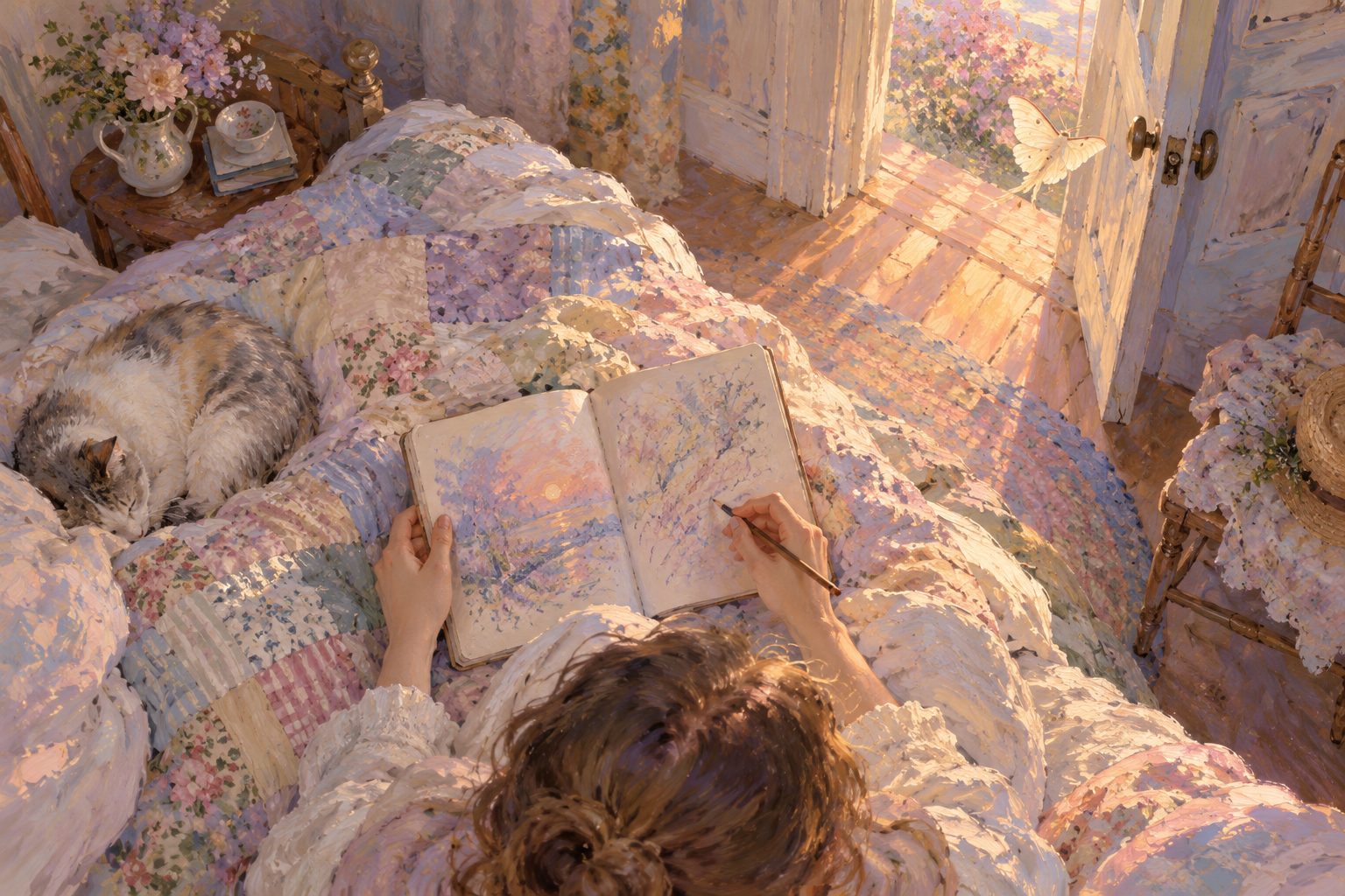 Pintura impresionista de manos con un cuaderno al amanecer, ilustración de soñar que mi pareja me engaña