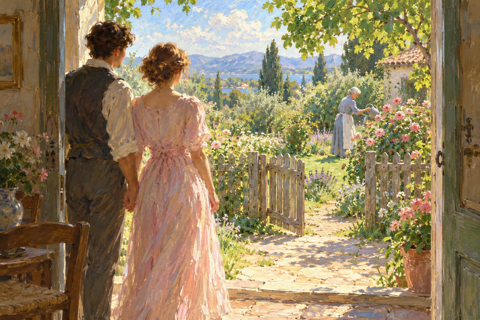 Pintura impresionista de una pareja en el umbral frente a un jardin con una cerca baja, sobre poner limites a una suegra toxica