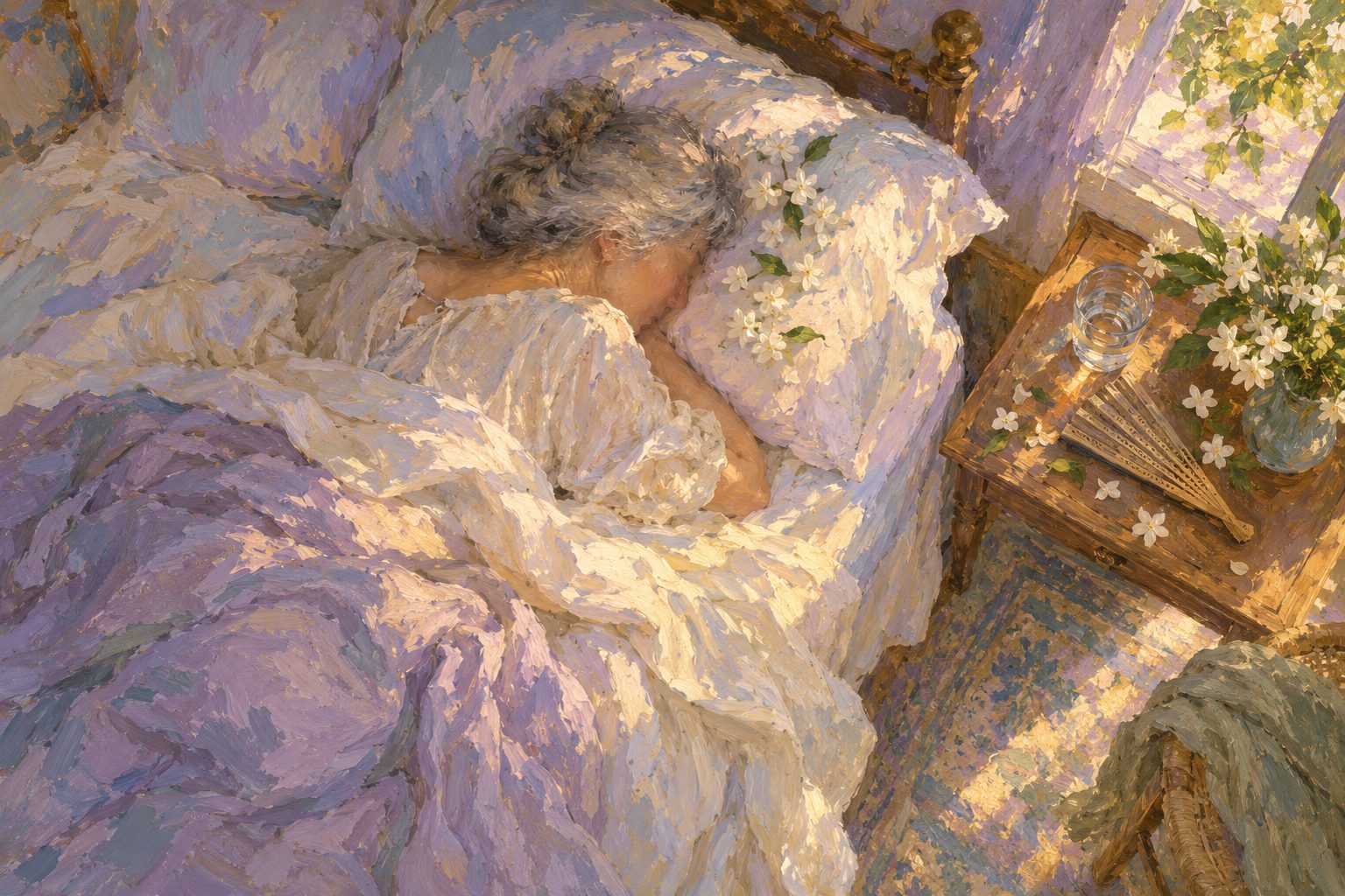 Pintura impresionista de una mujer durmiendo en paz al amanecer, ilustración del sueño y la menopausia