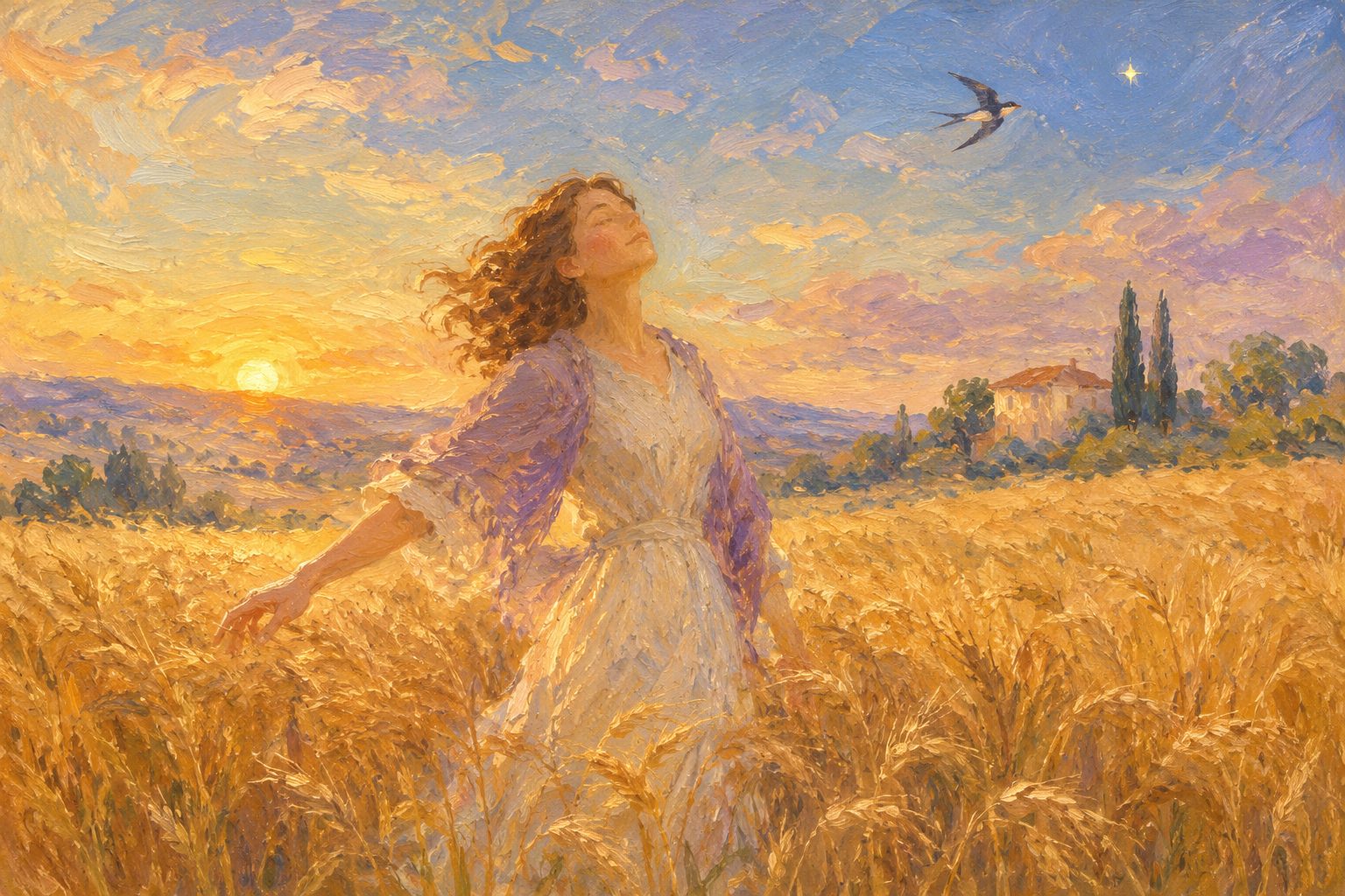 Pintura impresionista de una persona respirando en un campo de trigo al atardecer, ilustración de la tanatofobia o miedo a la muerte