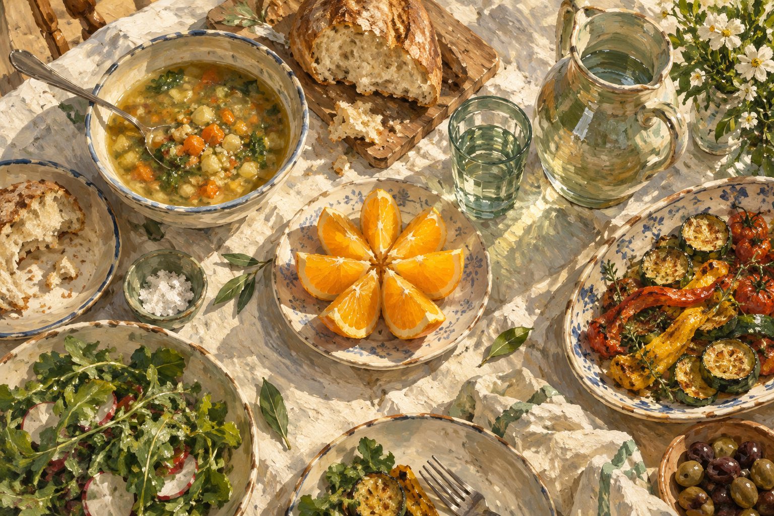 Pintura impresionista de una mesa familiar con platos variados de comida casera, dieta para el TDAH
