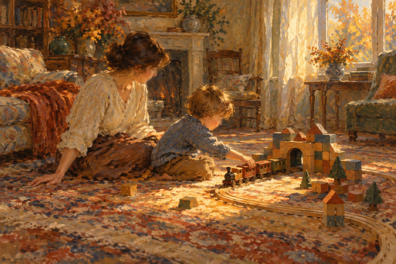 Pintura impresionista de un niño armando un tren de madera junto a una adulta, ilustración de TDAH y ansiedad en niños