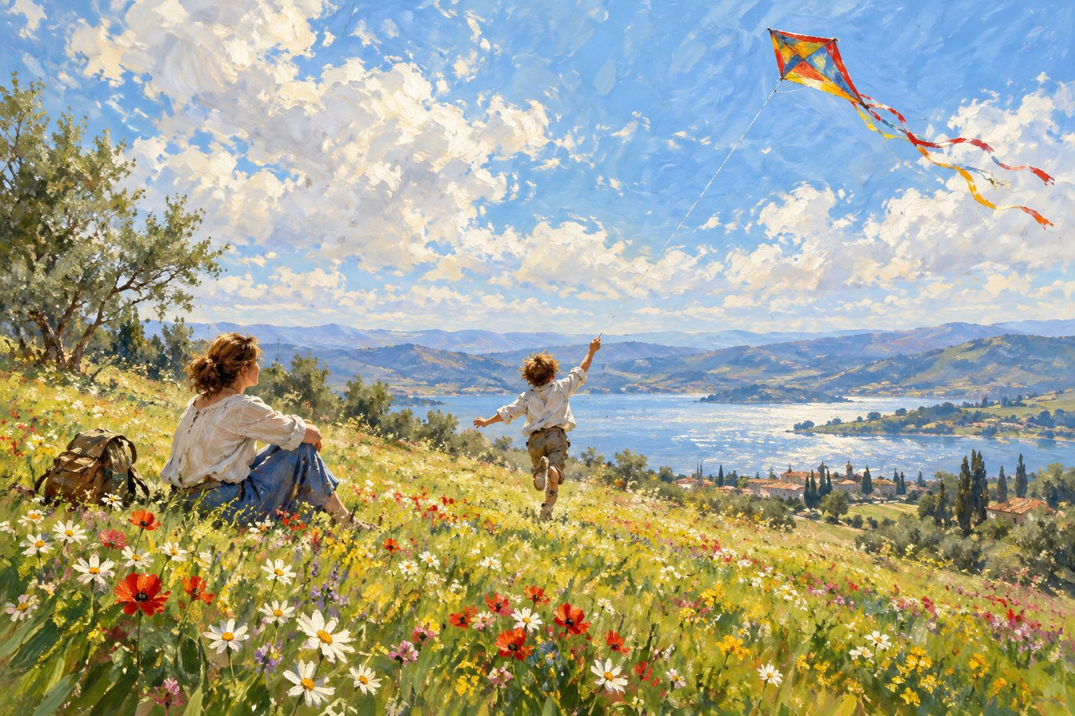 Pintura impresionista de un niño soltando una cometa en una colina, ilustración de TDAH y pantallas