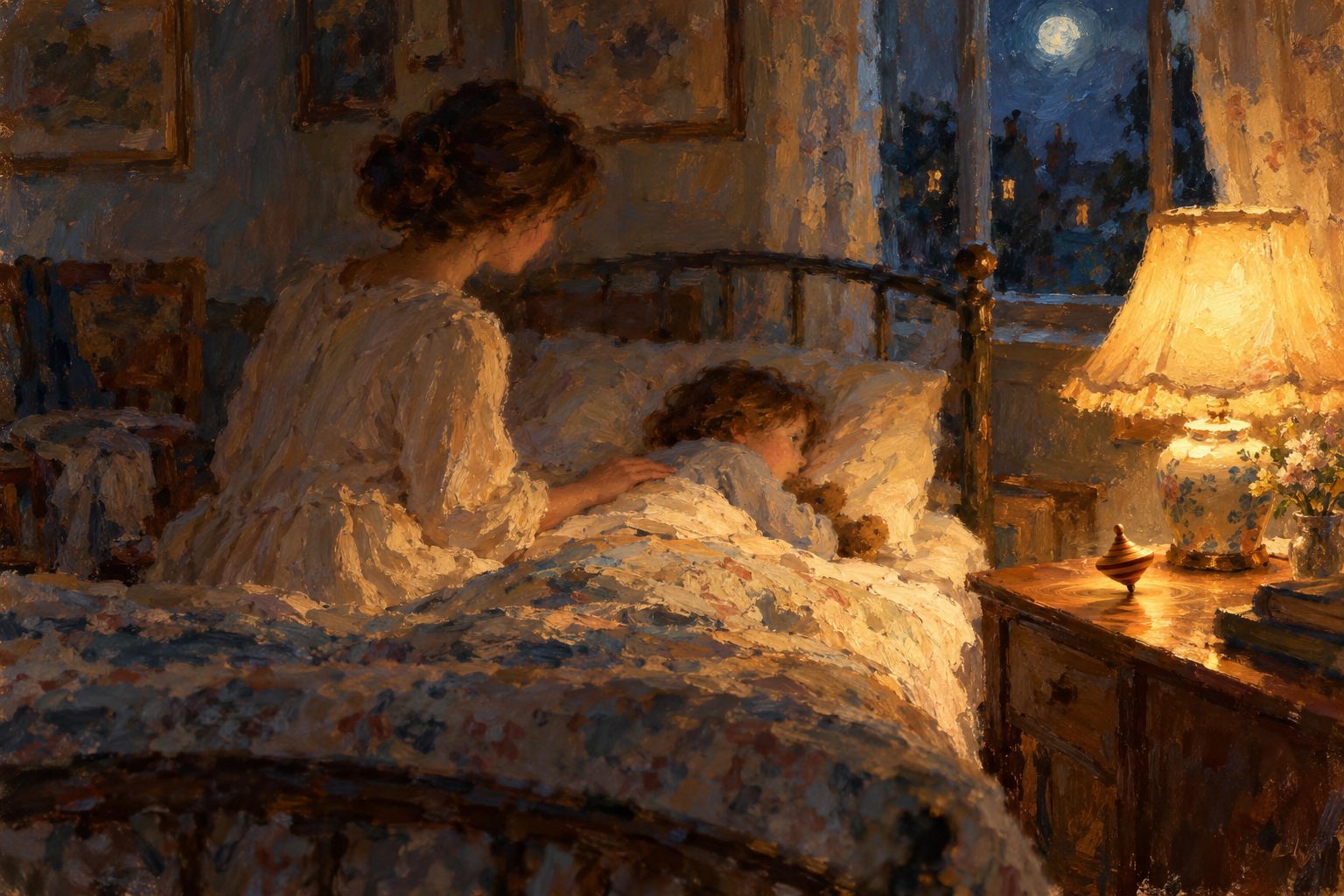 Pintura impresionista de un niño despierto de noche en su cama, ilustración de TDAH y problemas de sueño en niños
