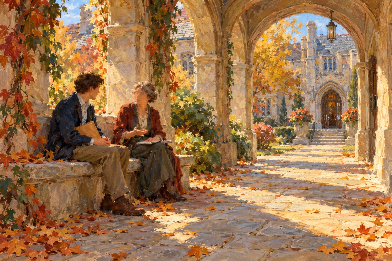 Pintura impresionista de un estudiante conversando con una orientadora bajo arcadas de un campus, ilustración de TDAH y universidad