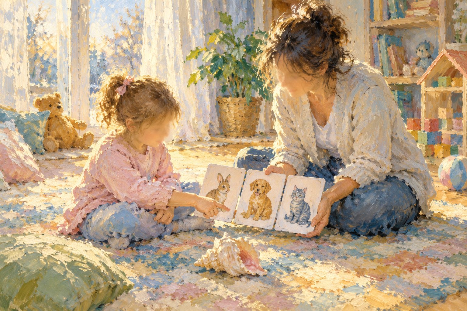 Pintura impresionista de una niña señalando una tarjeta con una fonoaudióloga, ilustración del test TECAL de comprensión auditiva