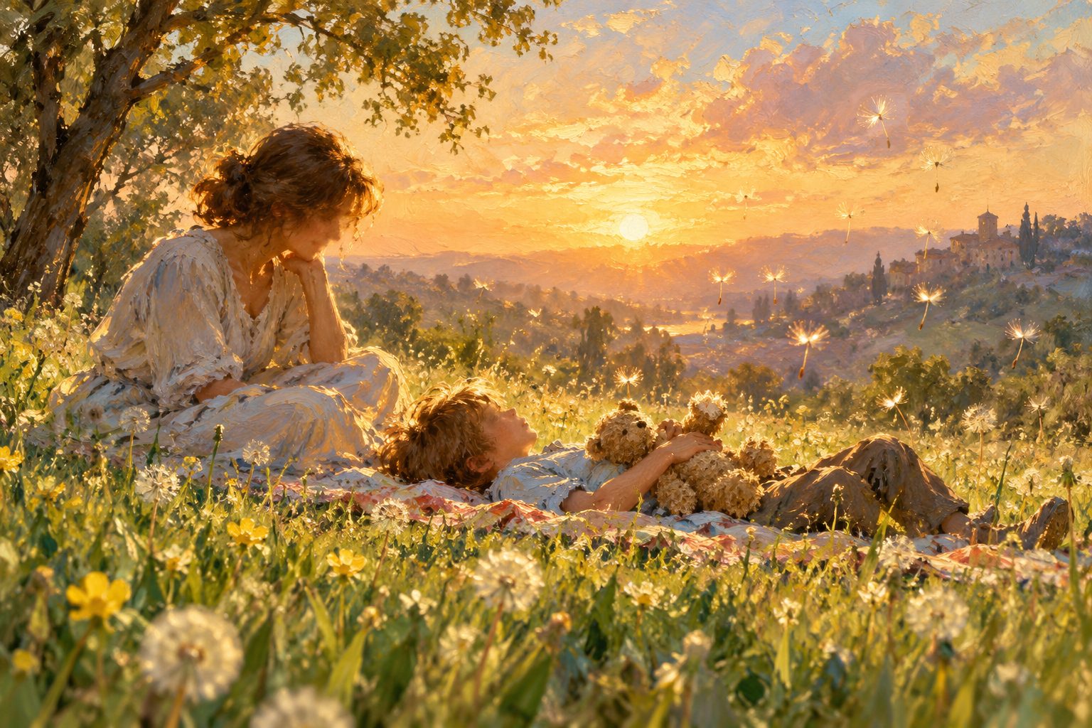 Pintura impresionista de un niño respirando tumbado en la pradera con un adulto, ilustración de técnicas de relajación para niños