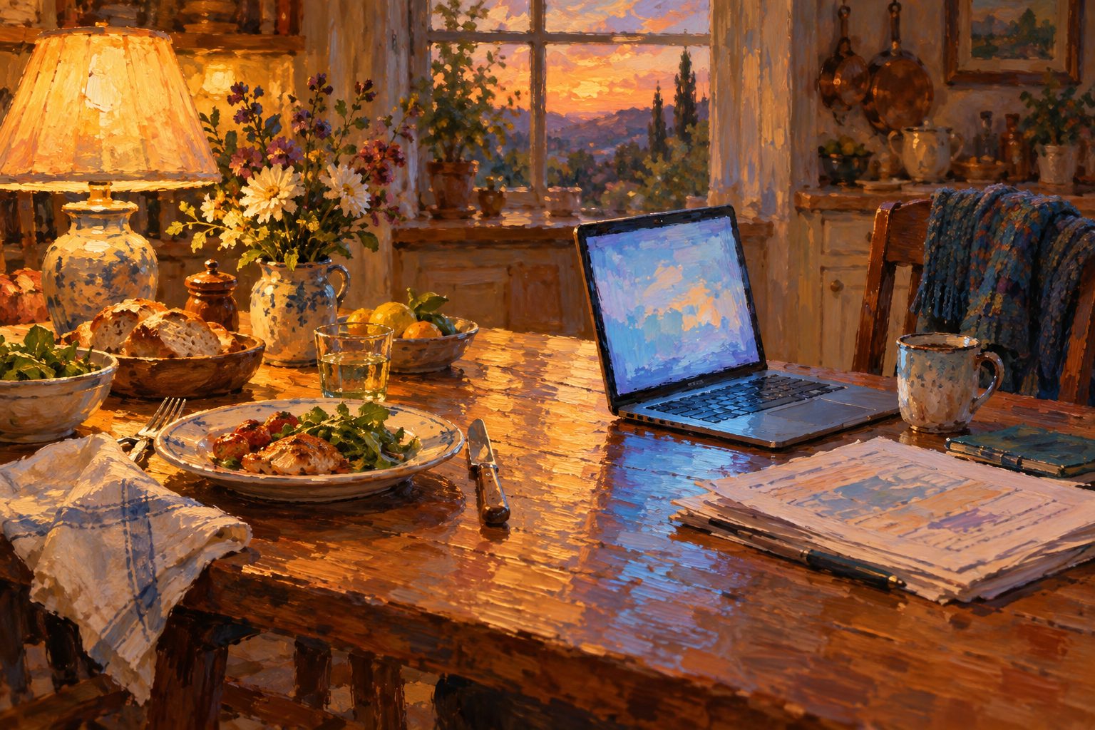 Pintura impresionista de una mesa donde se mezclan la cena y el trabajo, sobre teletrabajo y salud mental