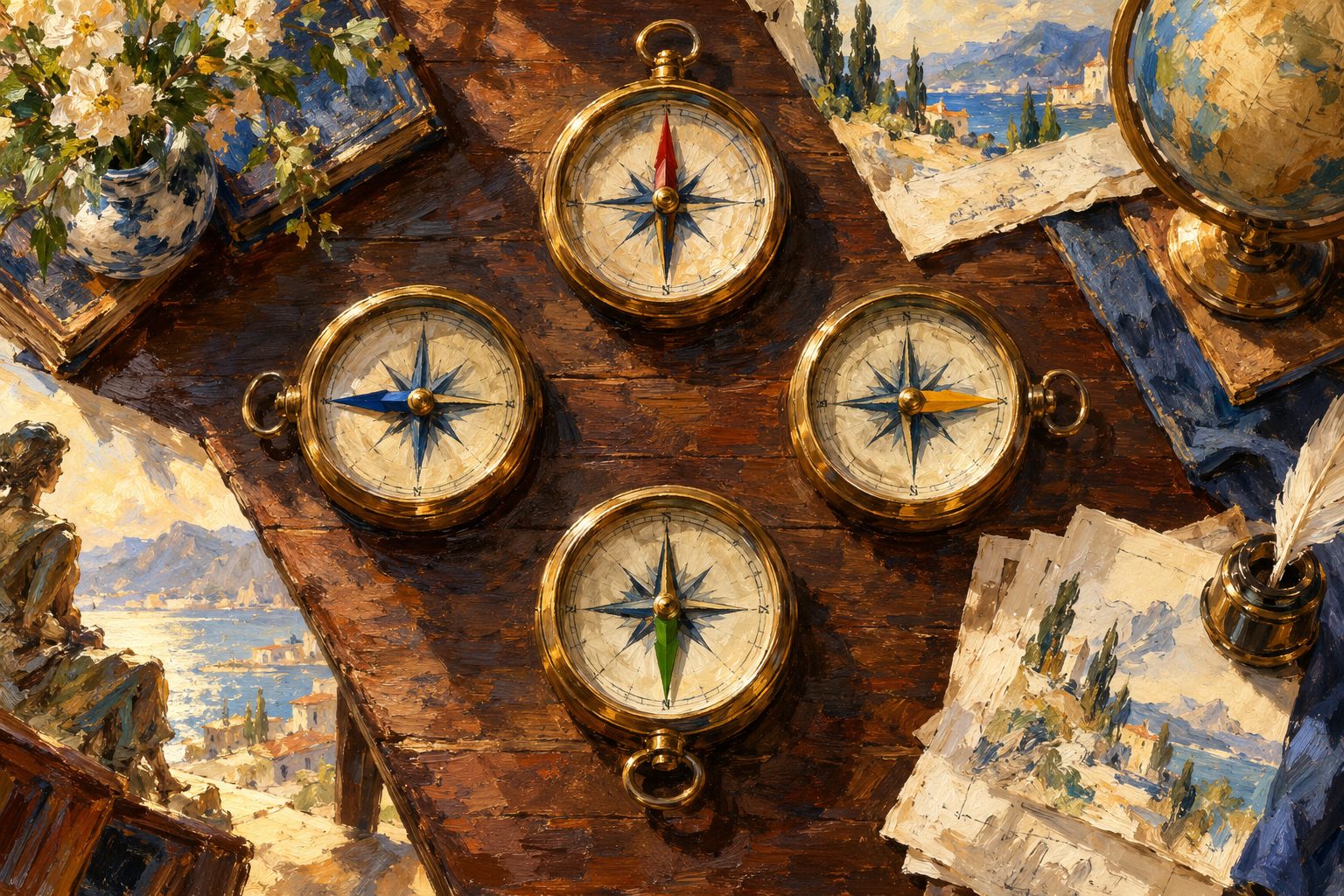 Pintura impresionista de cuatro brujulas apuntando a rumbos distintos, sobre los 4 temperamentos de Keirsey