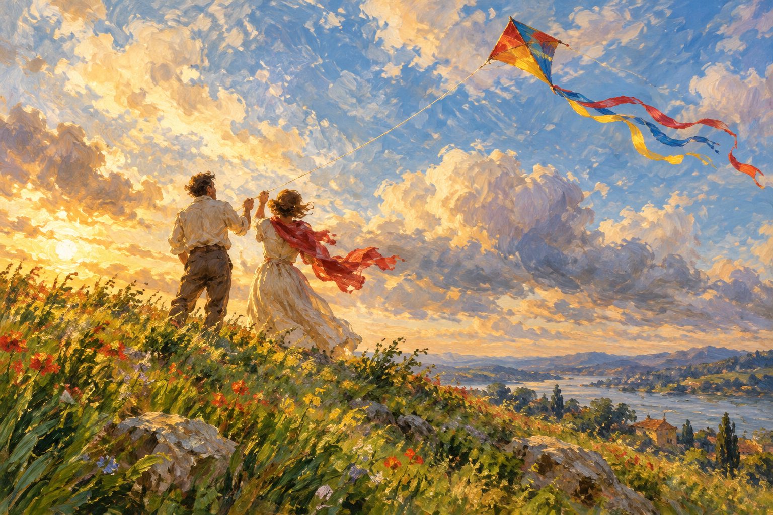 Pintura impresionista de dos personas haciendo volar un volantín triangular, ilustración de la teoría triangular del amor de Sternberg
