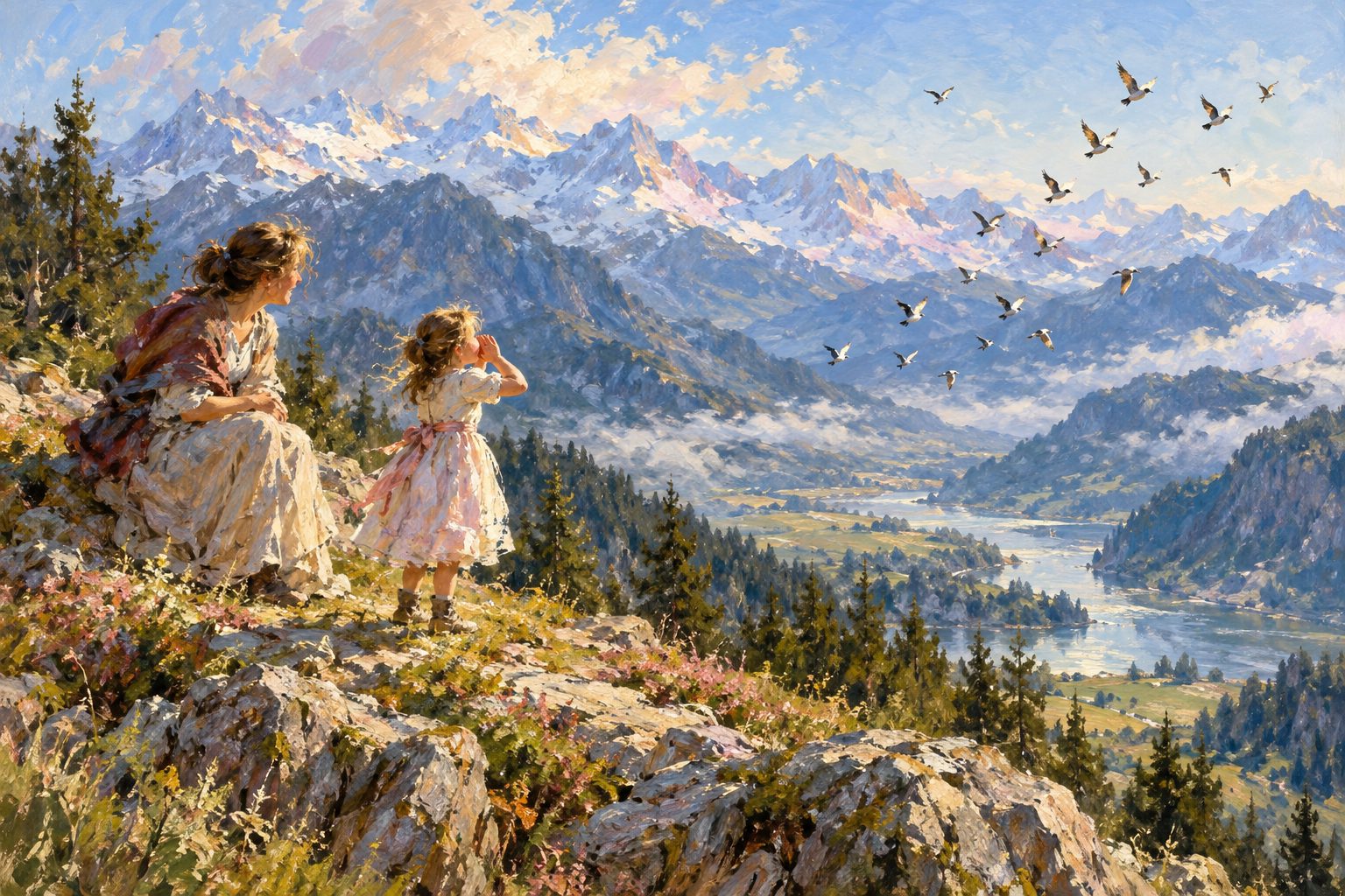 Pintura impresionista de una niña llamando al eco en un mirador de montaña, ilustración del test TEPROSIF-R