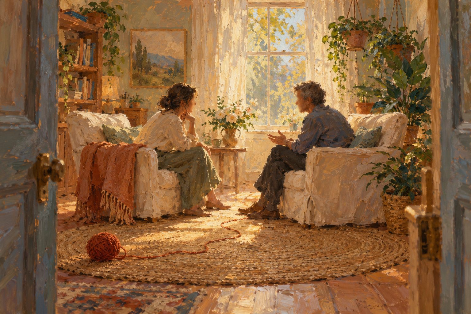 Pintura impresionista de una consulta acogedora con dos butacas frente a frente, ilustración de la terapia de duelo