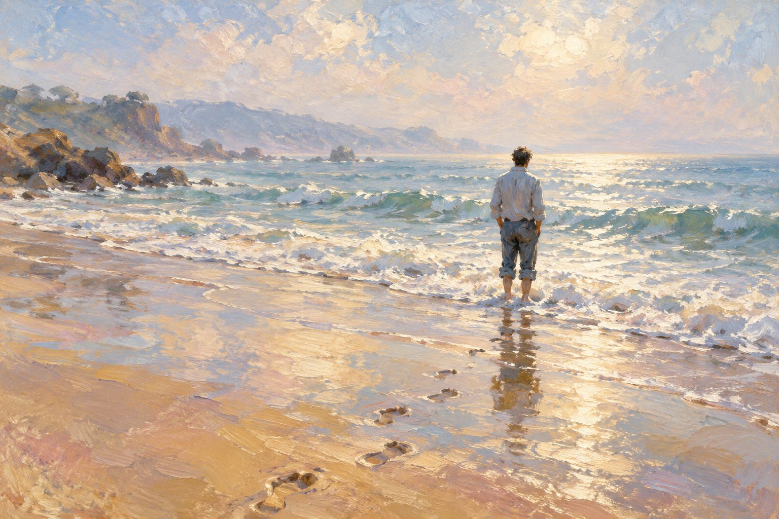 Pintura impresionista de una persona descalza en la orilla del mar con huellas hacia el agua, ilustracion de la terapia de exposicion