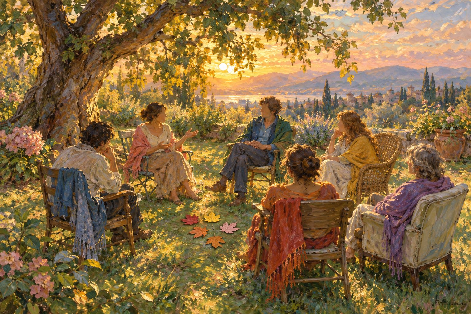 Pintura impresionista de un círculo de sillas bajo un árbol, ilustración de qué es la terapia de grupo