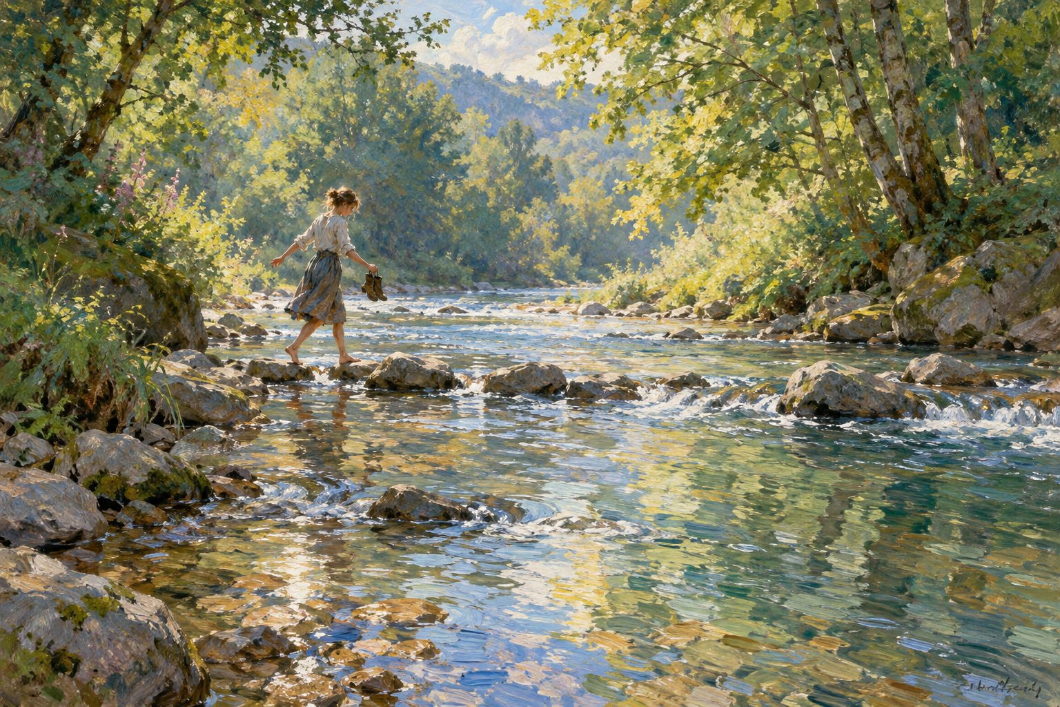 Pintura impresionista de una persona cruzando un arroyo sobre piedras en equilibrio, ilustracion de la terapia dialectica conductual