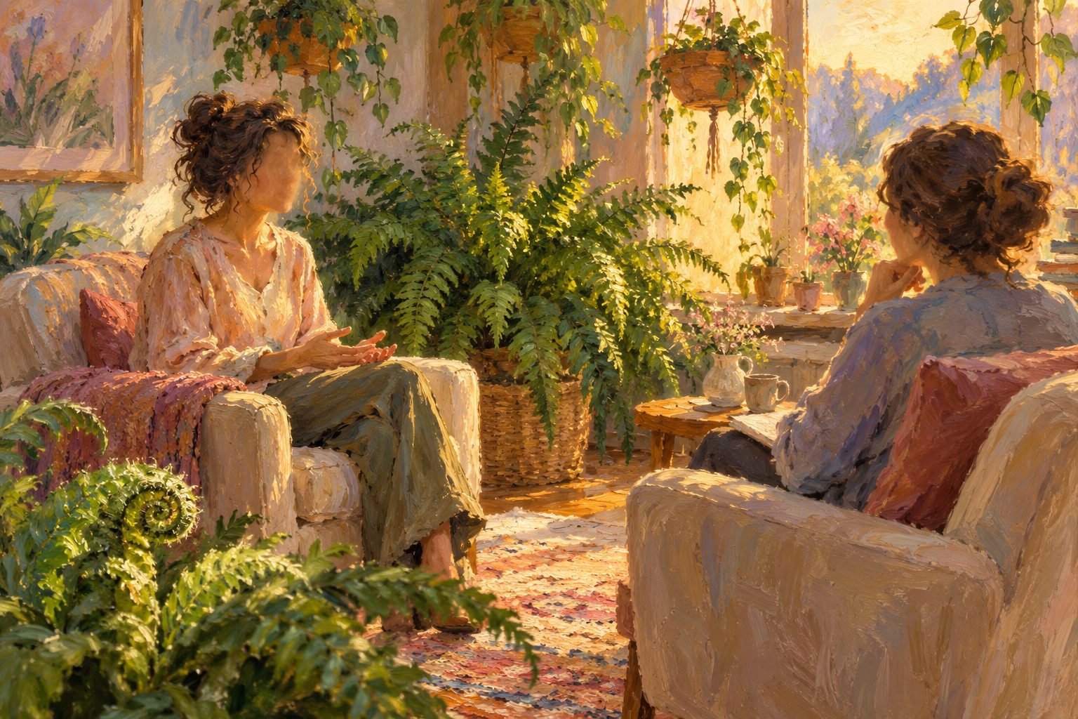 Pintura impresionista de una consulta psicológica con dos butacas y helechos, ilustración de la terapia para el estrés
