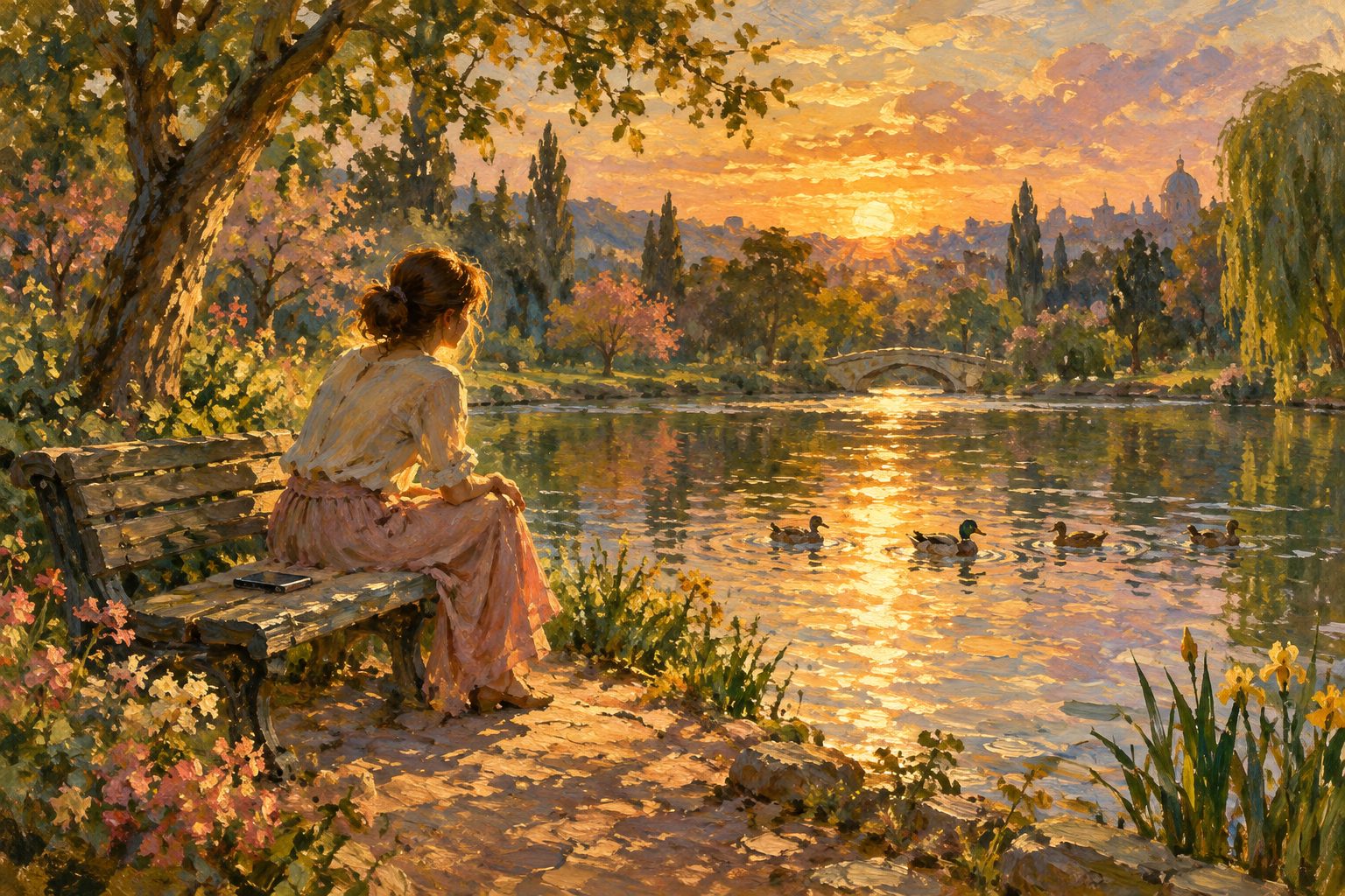 Pintura impresionista de una persona en un banco junto a un estanque al atardecer, ilustración del test de adicción al celular