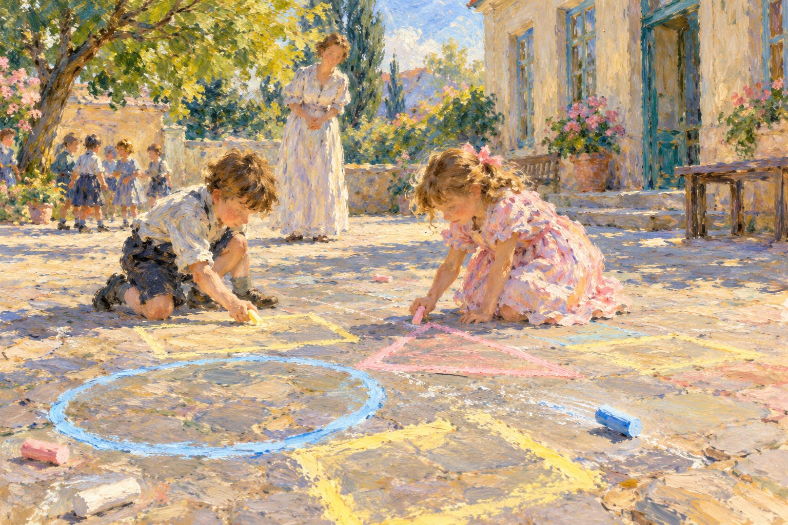 Pintura impresionista de niños dibujando figuras geométricas con tiza en un patio, ilustración del test de Bender Koppitz