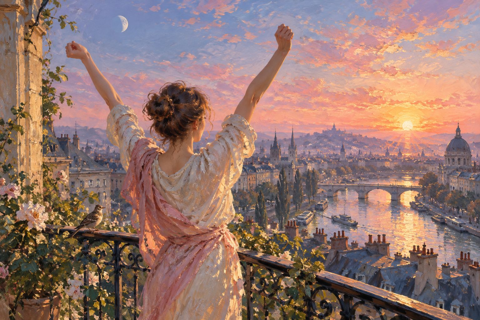 Pintura impresionista de un joven estirándose al amanecer con la luna aún visible, ilustración del test de cronotipo alondra o búho