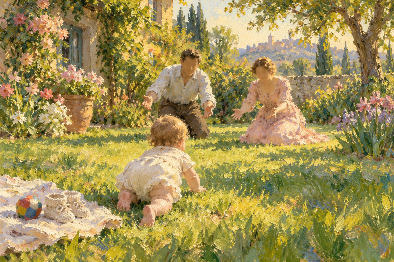 Pintura impresionista de un bebé gateando hacia sus padres en un jardín, ilustración del test de Denver II