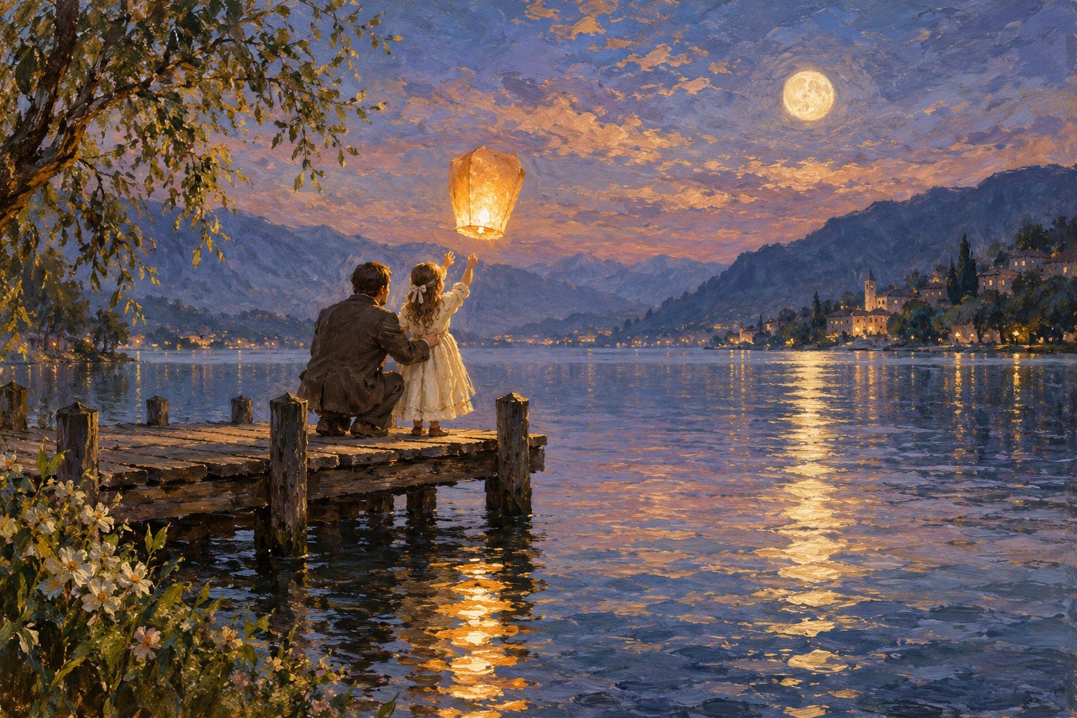 Pintura impresionista de un padre y su hija soltando un farolito sobre un lago, ilustración del test de duelo prolongado