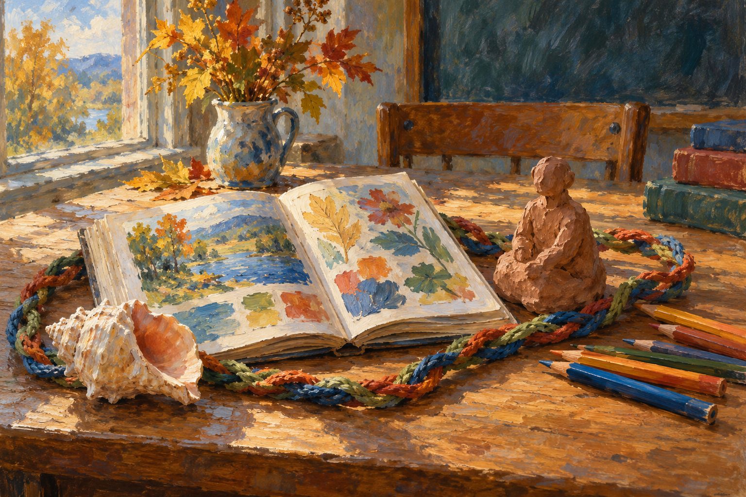 Bodegón impresionista con libro, caracola, arcilla y lápices de colores, ilustración del test de estilos de aprendizaje VAK