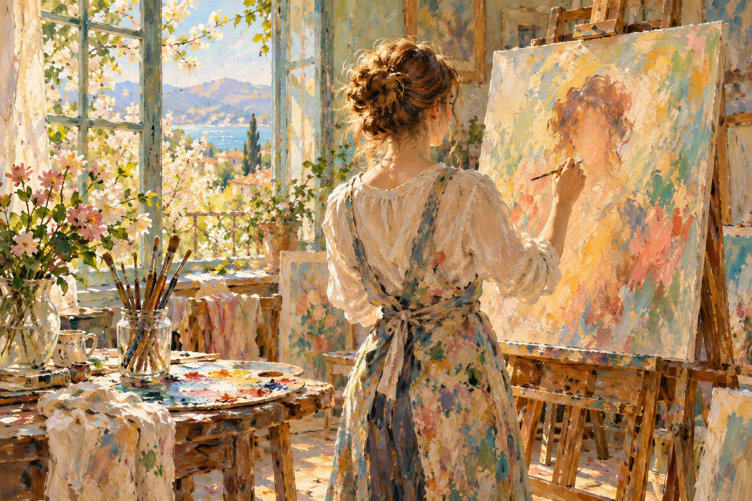 Pintura impresionista de una pintora ante su caballete, ilustración del test de imagen corporal