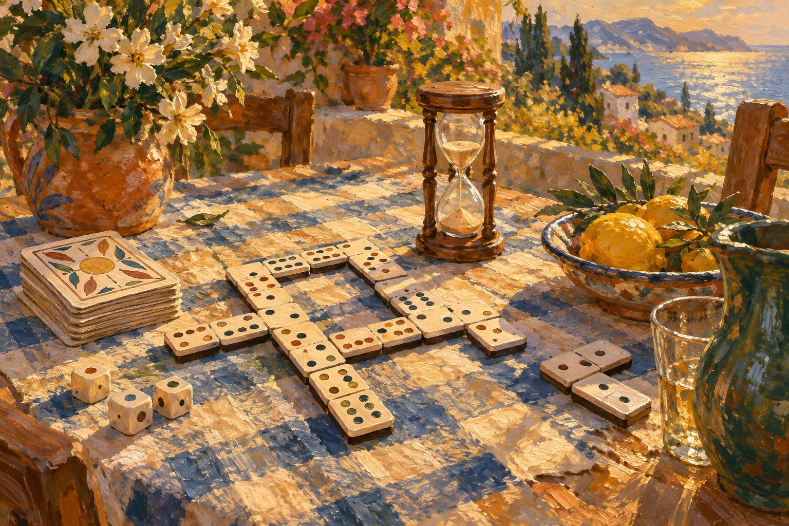 Pintura impresionista de un bodegón con dominó, cartas y reloj de arena, ilustración del test de ludopatía