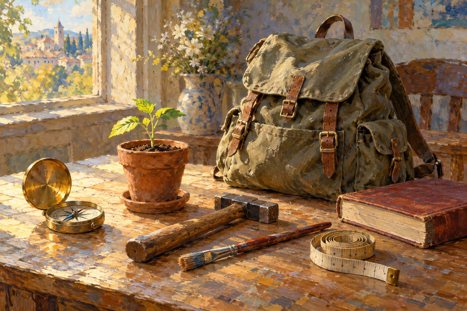Pintura impresionista de un bodegón de oficios y una brújula, ilustración del test de orientación vocacional