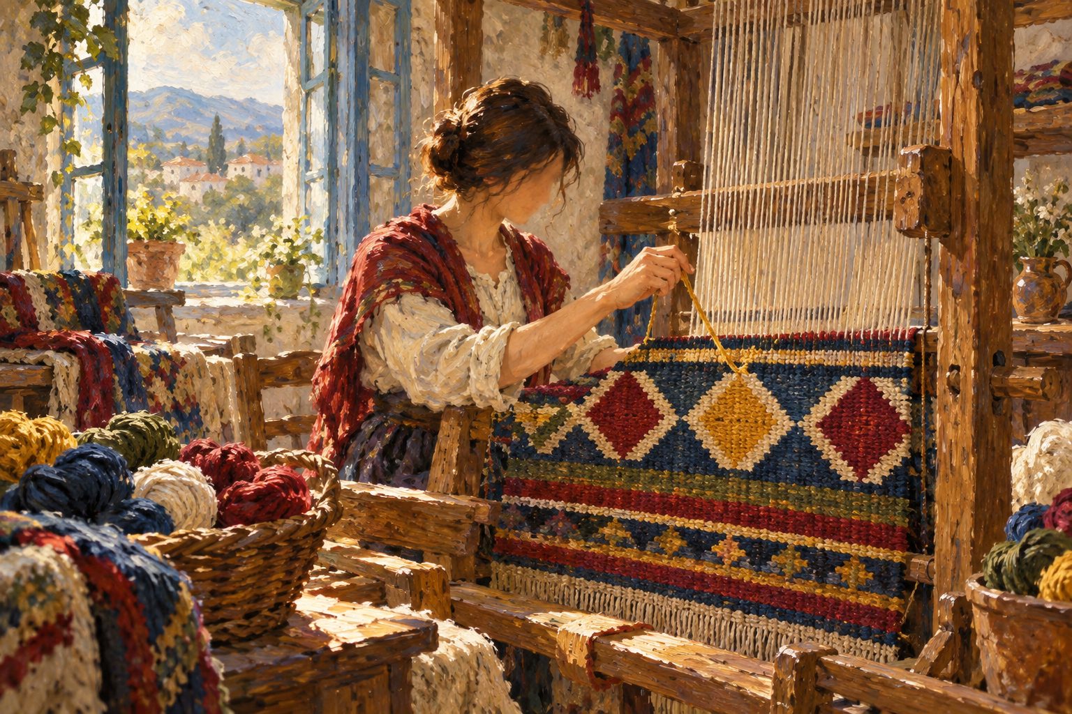 Pintura impresionista de una mujer tejiendo un patrón geométrico en un telar, ilustración del test de Raven