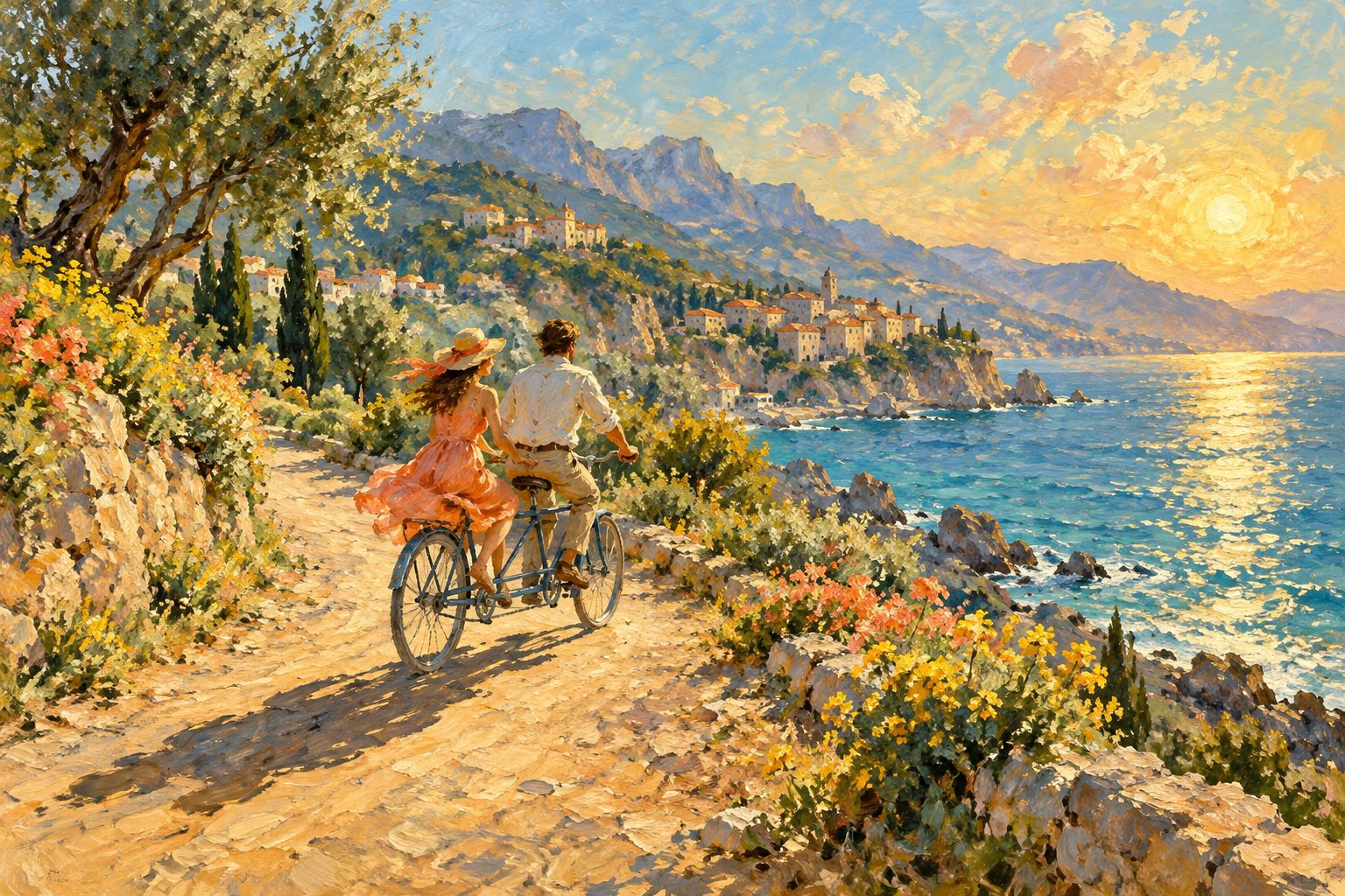 Pintura impresionista de una pareja pedaleando en tándem junto al mar, ilustración del test de satisfacción de pareja CSI-16