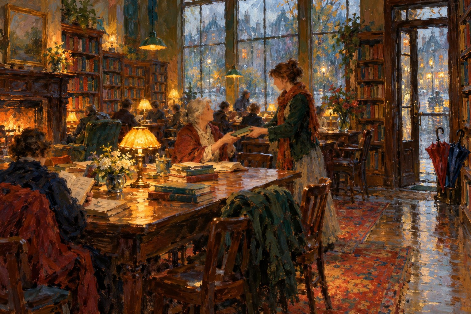 Pintura impresionista de una biblioteca de barrio con una mesa compartida, ilustración del test de soledad UCLA