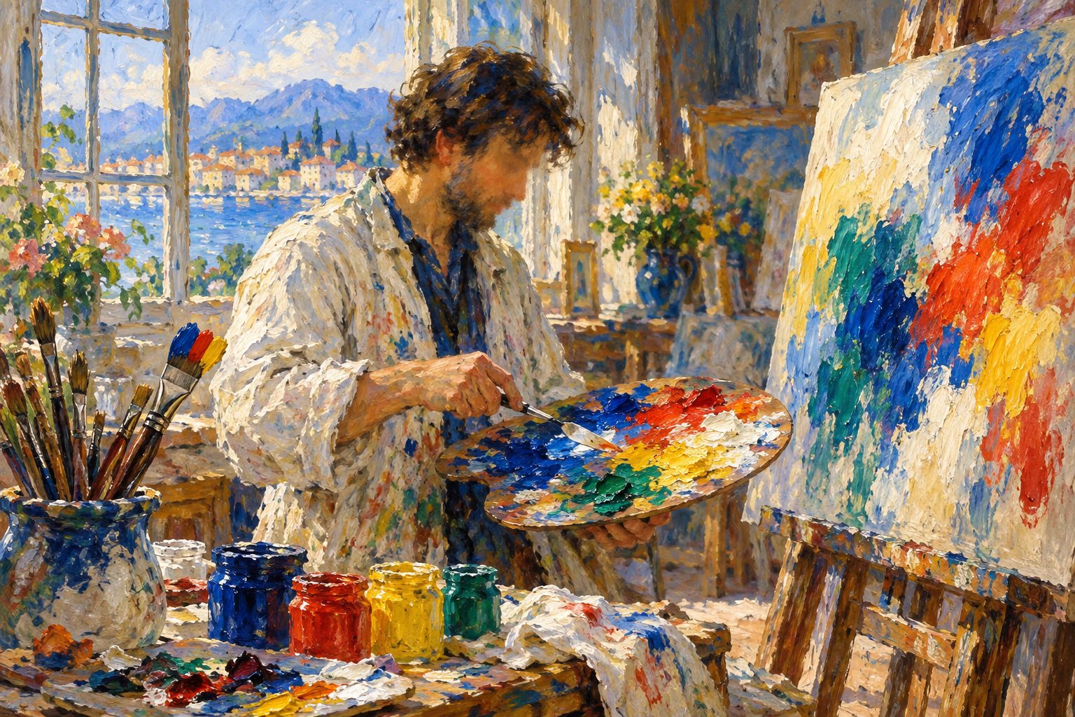 Pintura impresionista de un pintor mezclando colores en su paleta, ilustración del test de Stroop