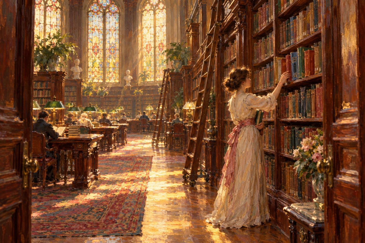 Pintura impresionista de una persona eligiendo un libro en una biblioteca luminosa, test de trastornos alimenticios SCOFF