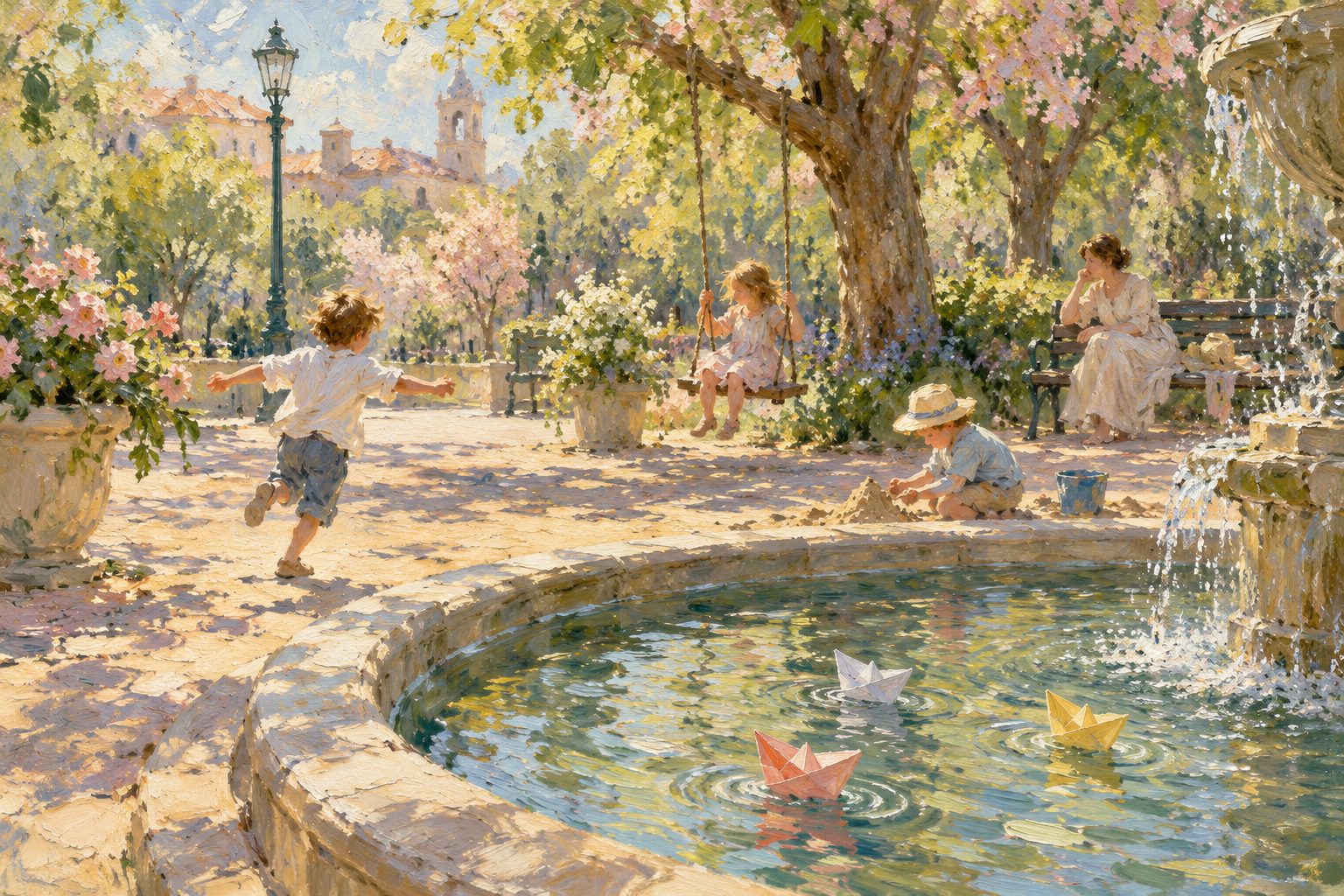 Pintura impresionista de tres niños jugando cada uno a su manera en una plaza, ilustración de los tipos de temperamento en niños