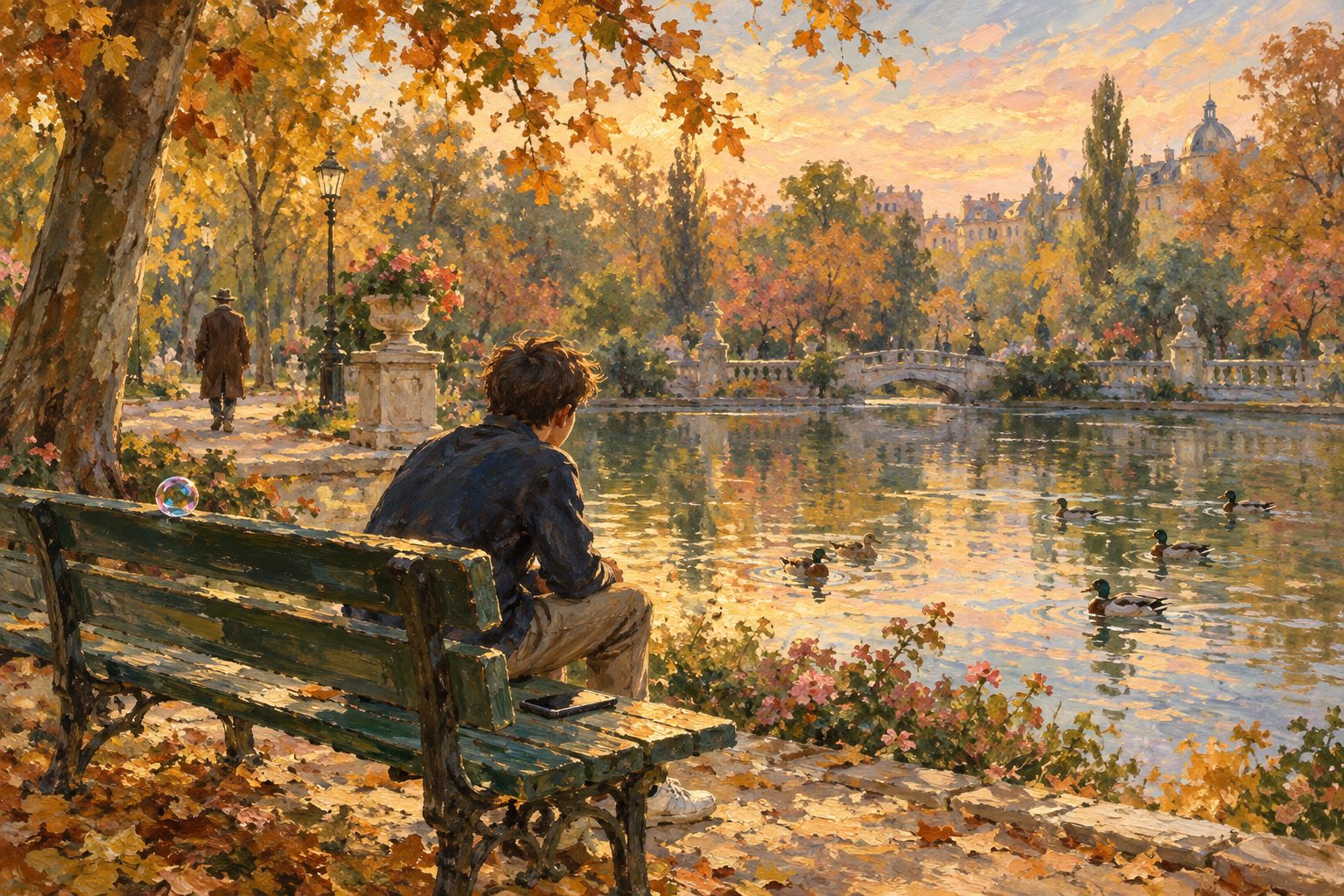 Pintura impresionista de un adolescente en un banco junto a un estanque, con el móvil boca abajo, ilustración de tolerancia a la frustración y redes sociales