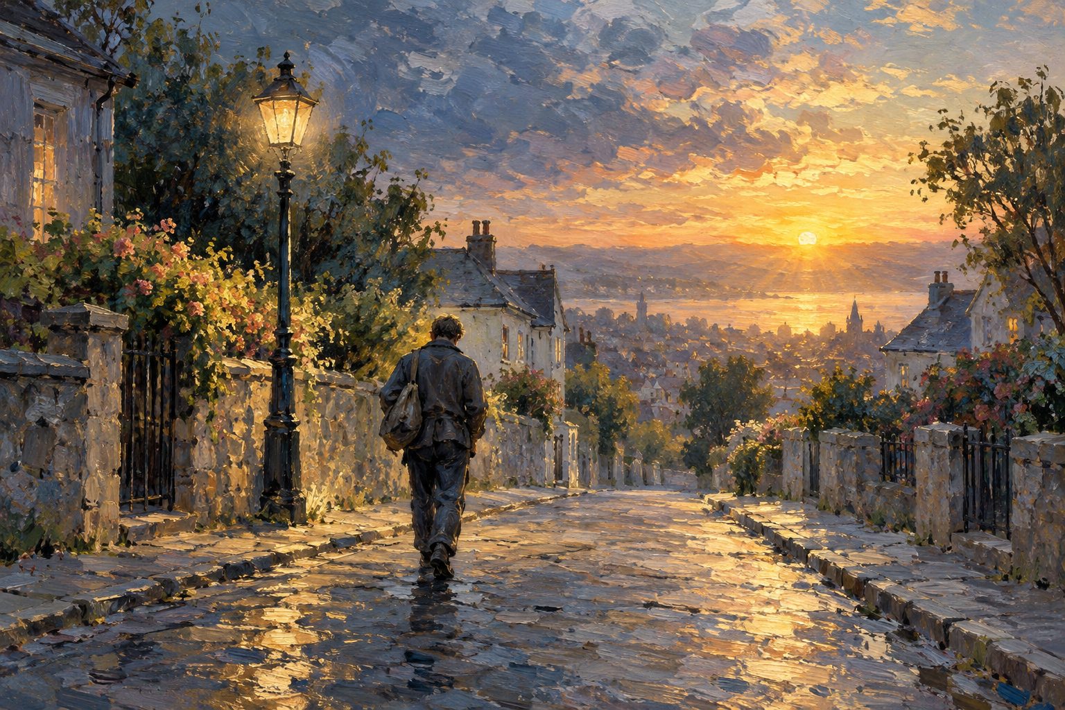 Pintura impresionista de una persona volviendo a casa al amanecer tras un turno de noche, sobre trabajo por turnos y salud mental