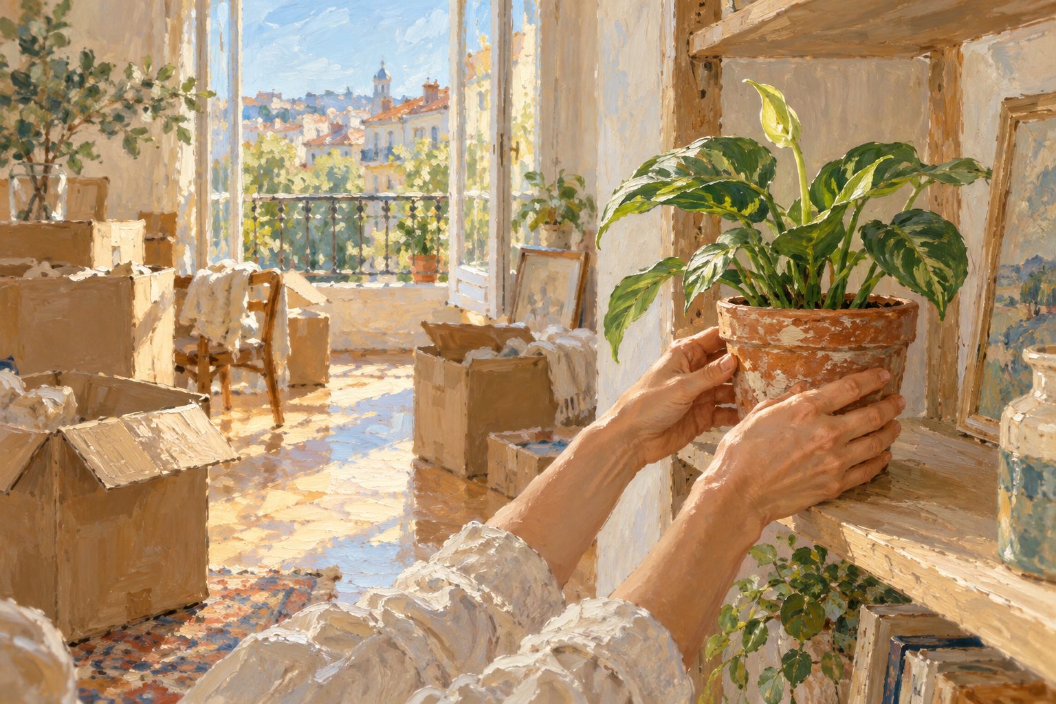 Pintura impresionista de unas manos colocando una planta en un departamento nuevo, ilustración del trastorno adaptativo y su test
