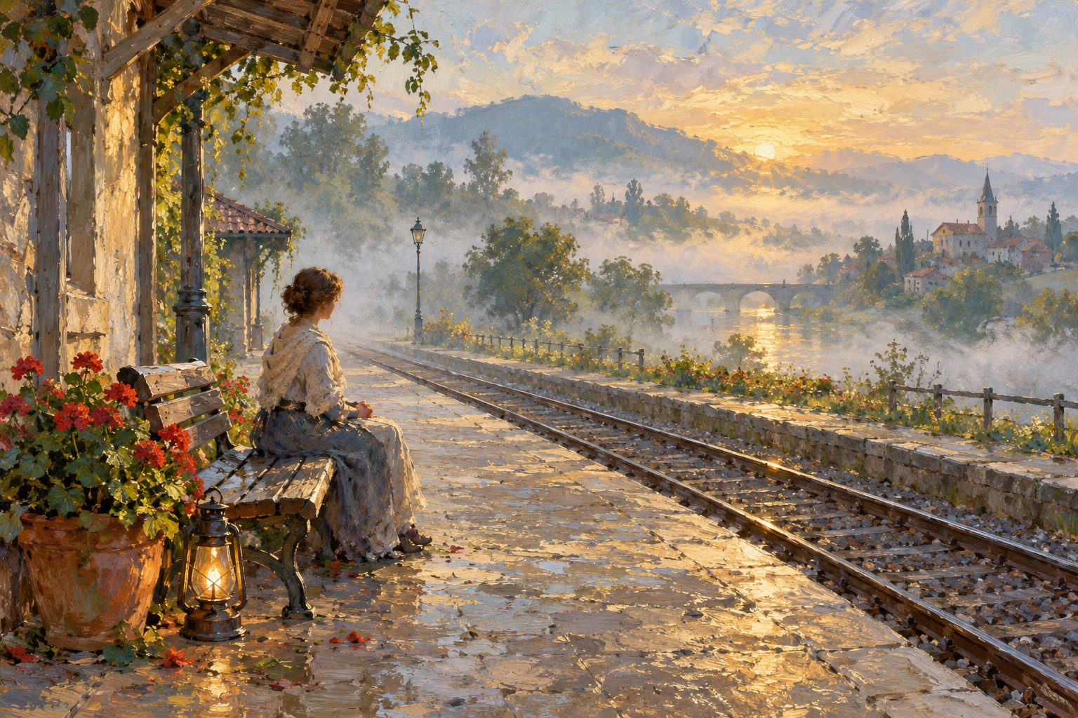 Pintura impresionista de una persona en un andén al amanecer, ilustración del trastorno de pánico con o sin agorafobia