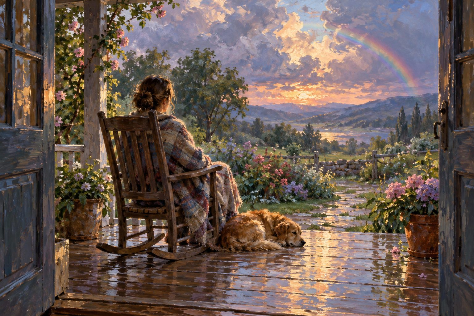 Pintura impresionista de una persona en un porche tras la lluvia con un arcoíris tenue, ilustración sobre el trastorno por atracón