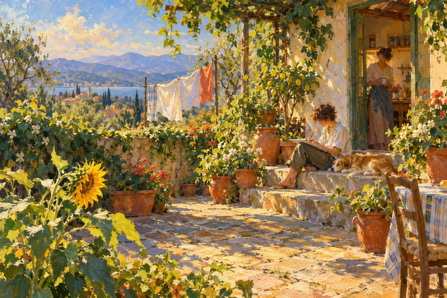 Pintura impresionista de una madre observando a su hijo adolescente en el patio, ilustración sobre trastornos alimentarios en adolescentes