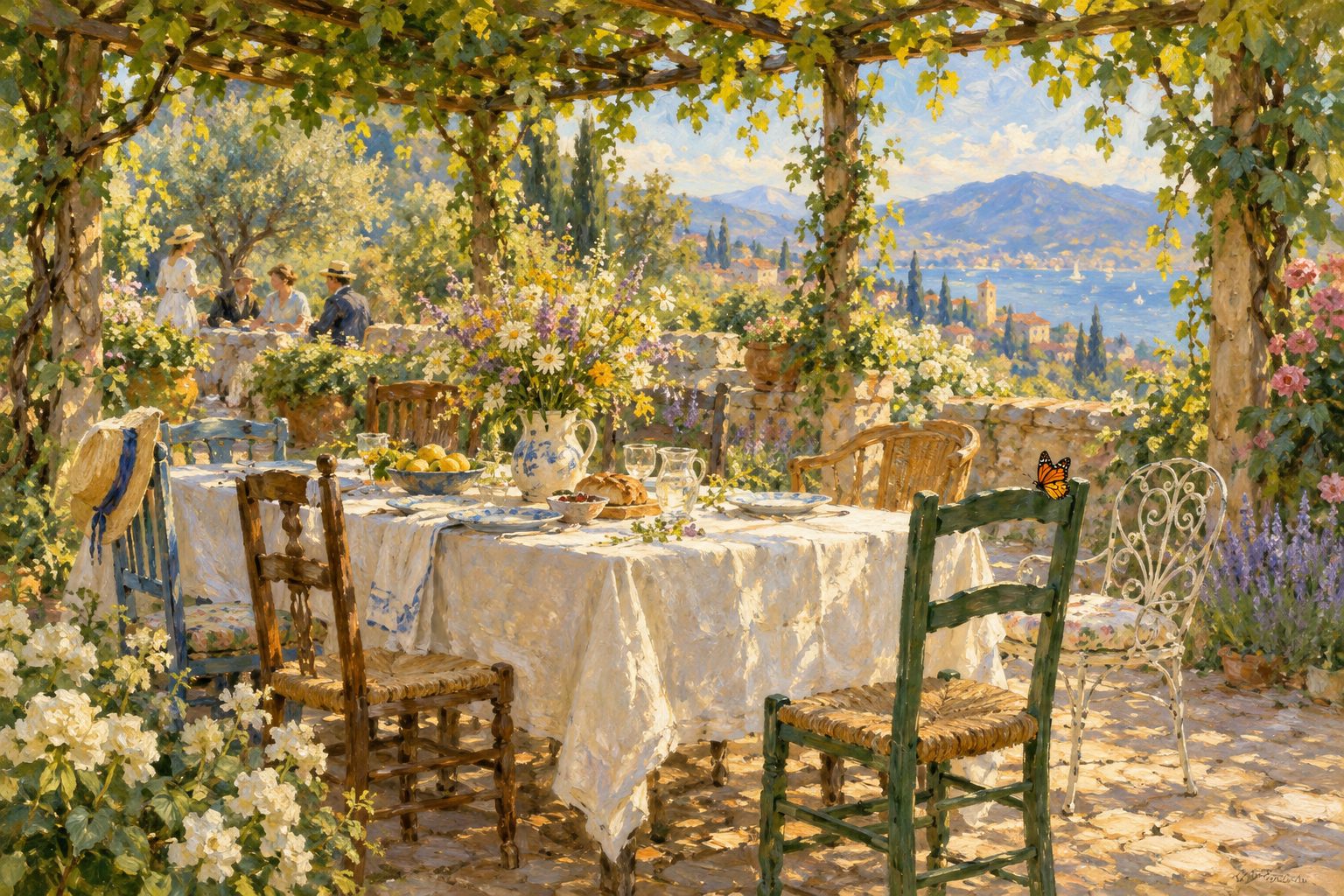 Pintura impresionista de una mesa larga en un jardín con sillas distintas, ilustración sobre los trastornos de la conducta alimentaria