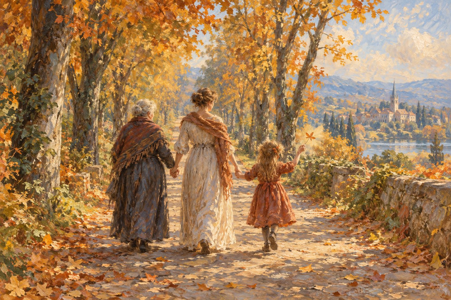 Pintura impresionista de abuela, madre y niña caminando por una alameda, ilustración del trauma generacional y cómo cortar el ciclo