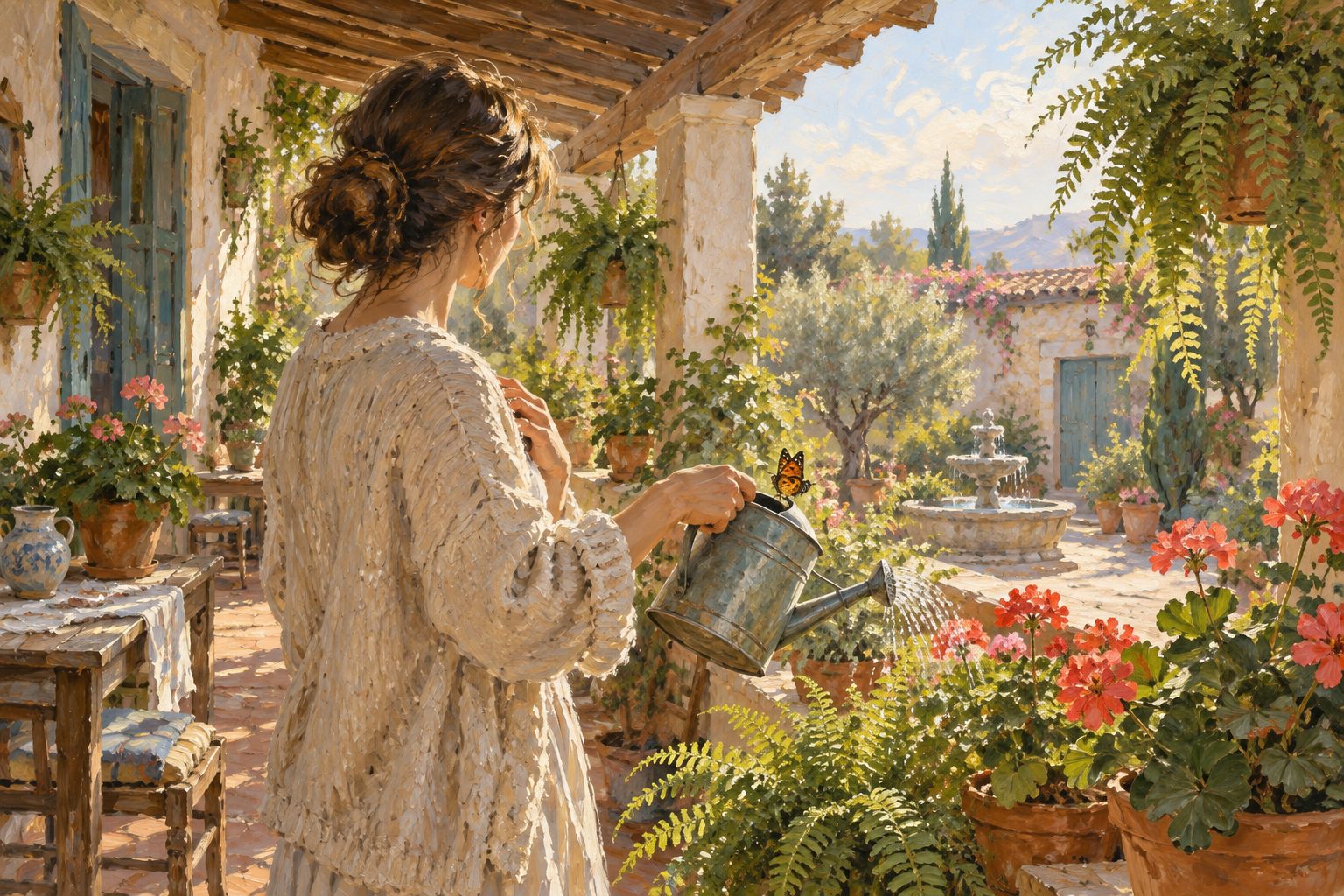 Pintura impresionista de una persona regando plantas en una galería al amanecer, ilustración del trauma médico y la recuperación